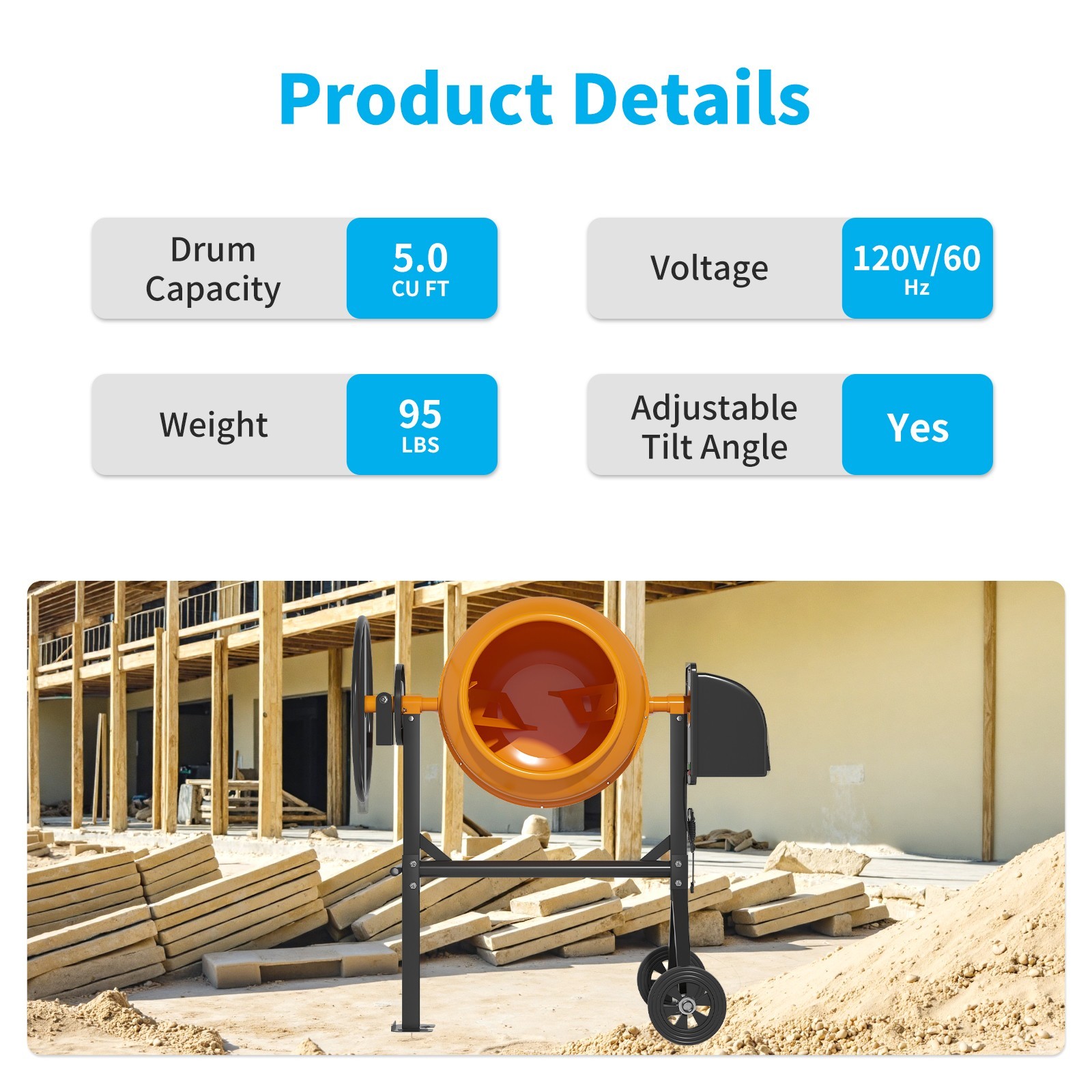 DISHUP Cement Mixer,5.0 Cu.ft Concrete Mixer with Wheels for Stucco/Seeds