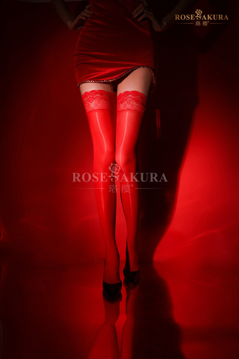 Rose Sakura Oil Shiny Glossy Stockings Lace Silicone Stay Up Thigh-Highs Hosiery
