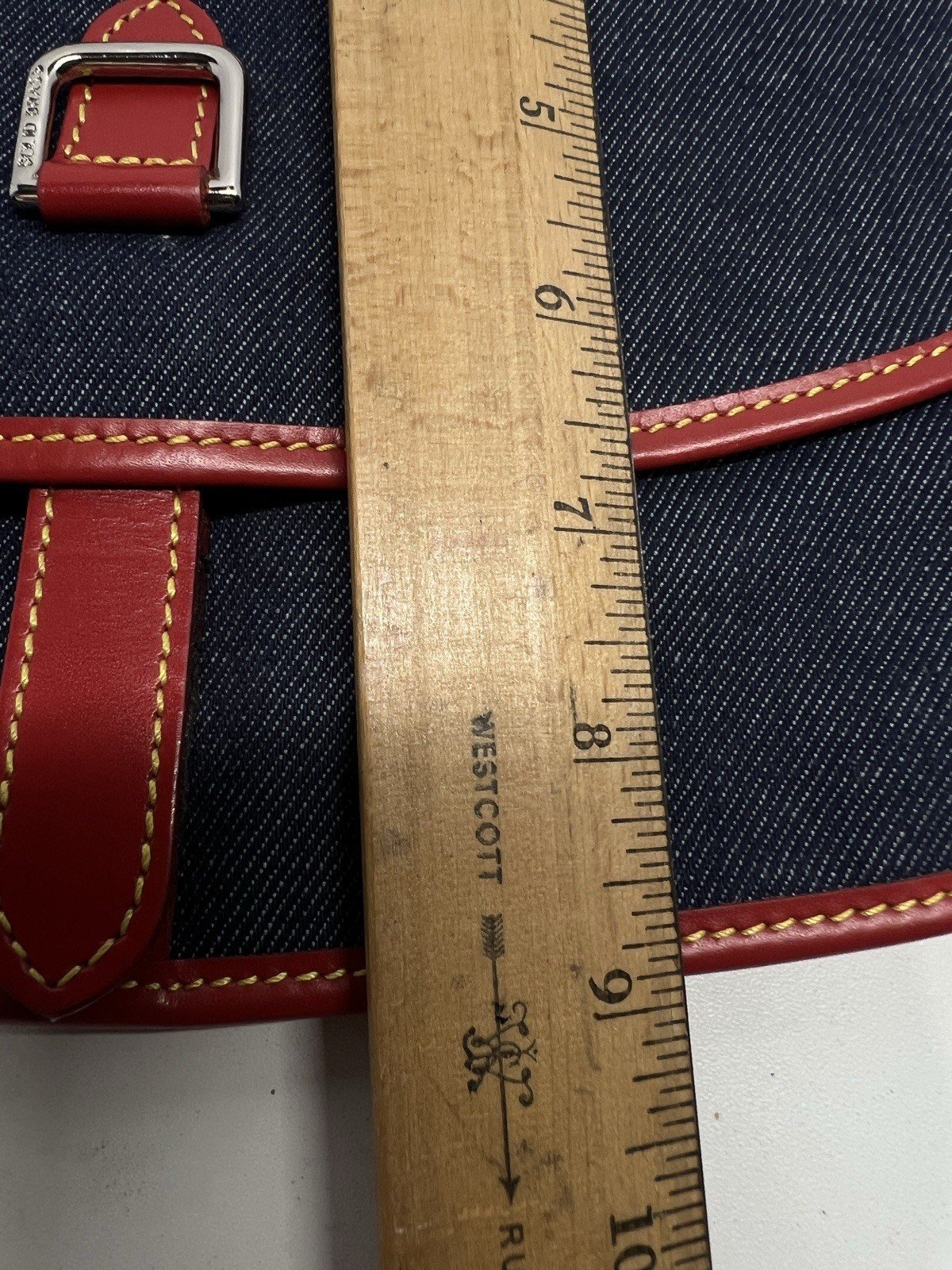 Vintage Dooney & Bourke Blue Denim Saddle Bag Red Leather Trim Messenger Handbag