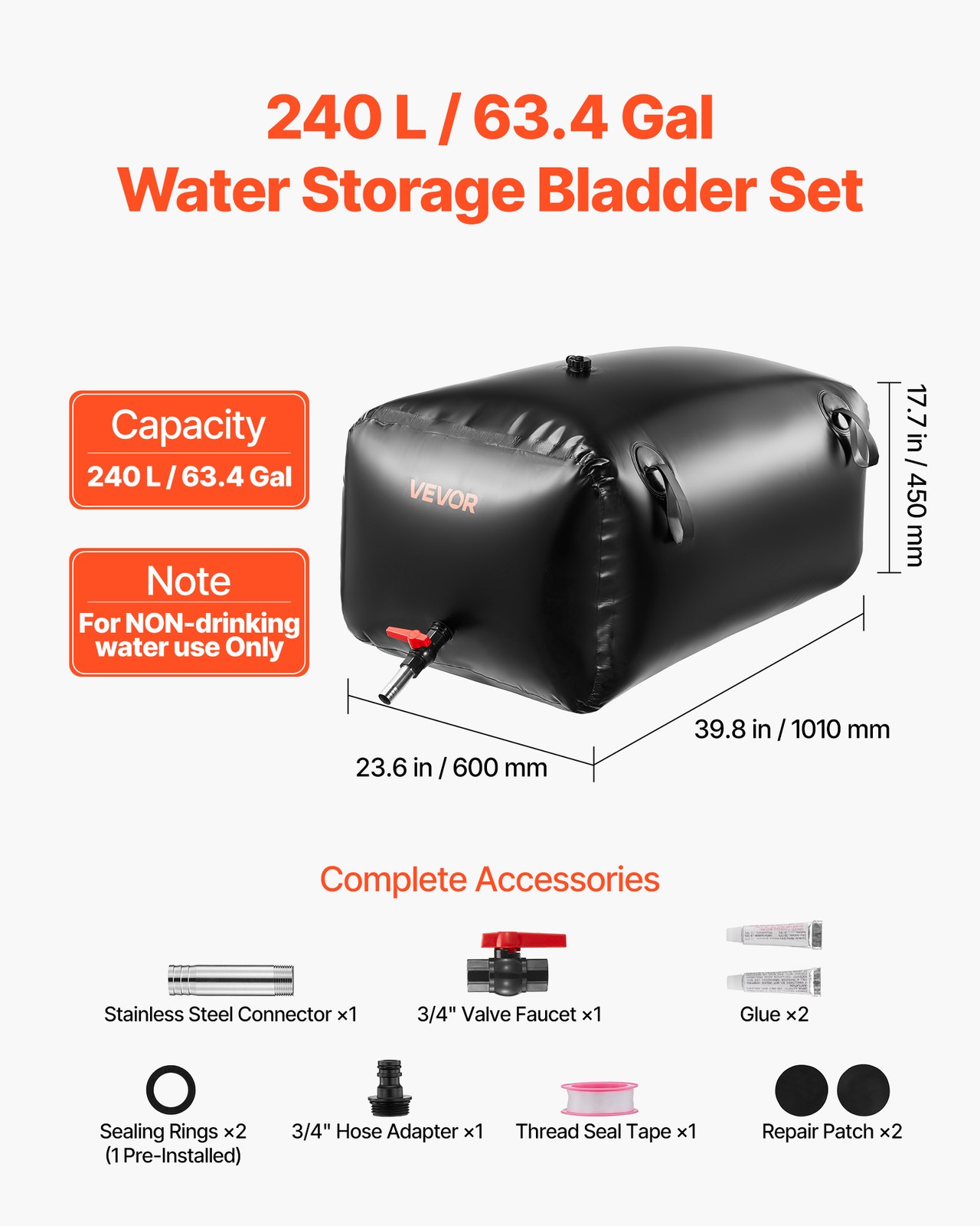 VEVOR 63.4 Gal Collapsible Water Storage Bladder 1000D PVC Water Storage Bag