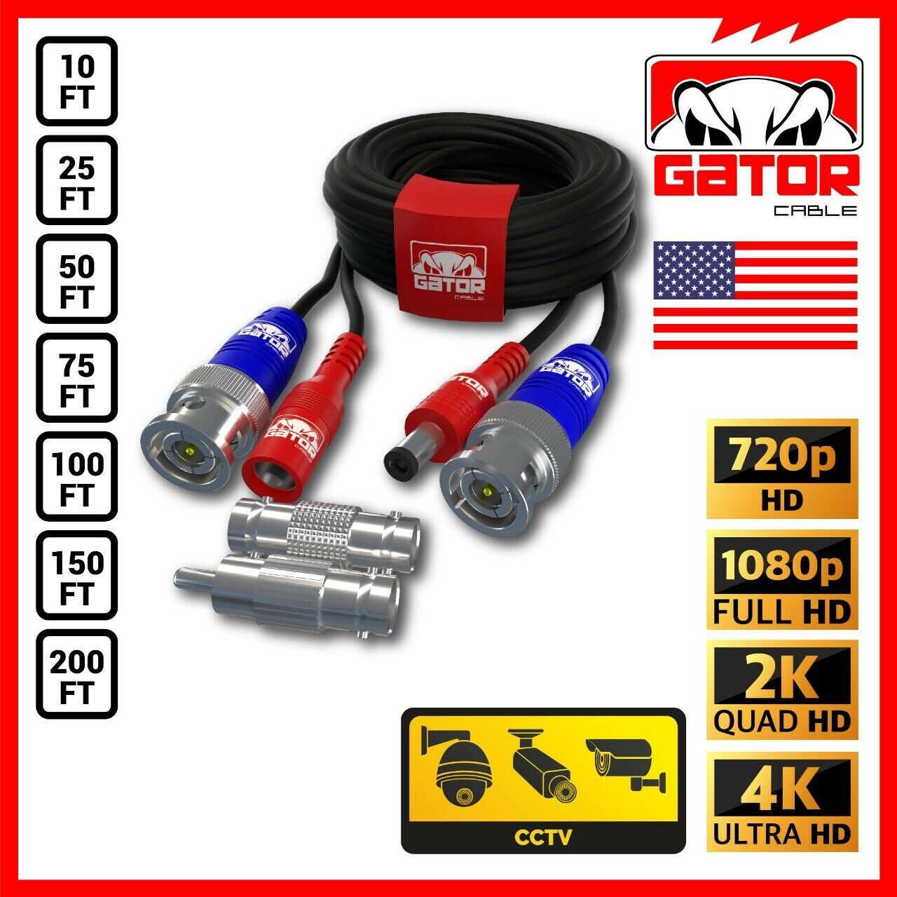 CCTV Cable Camera Security Surveillance BNC Extension Wire DC Power Video DVR HD