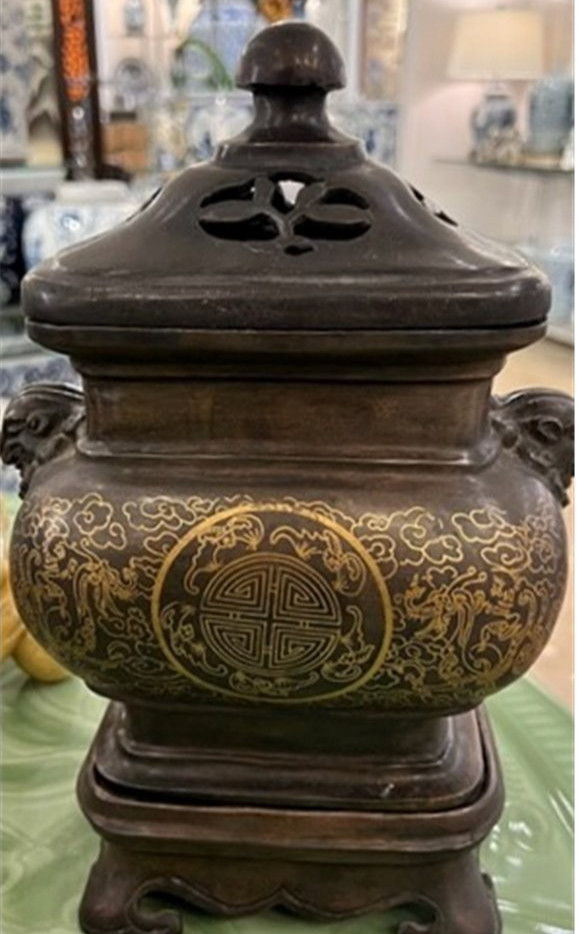 Antique Late Qing Dynasty Bronze Incense Burner-7'' x 12''H