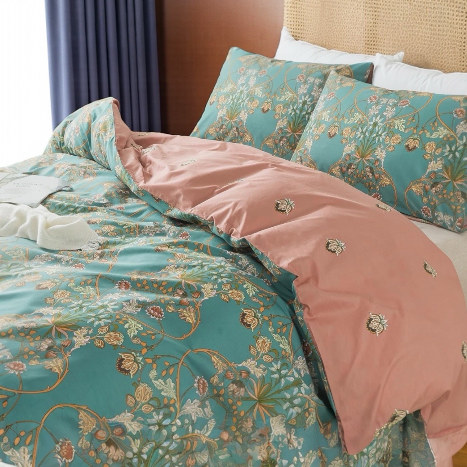 NEW Anthro Green Pink Reversible Floral King Boho Duvet Bedding Sham Case Set