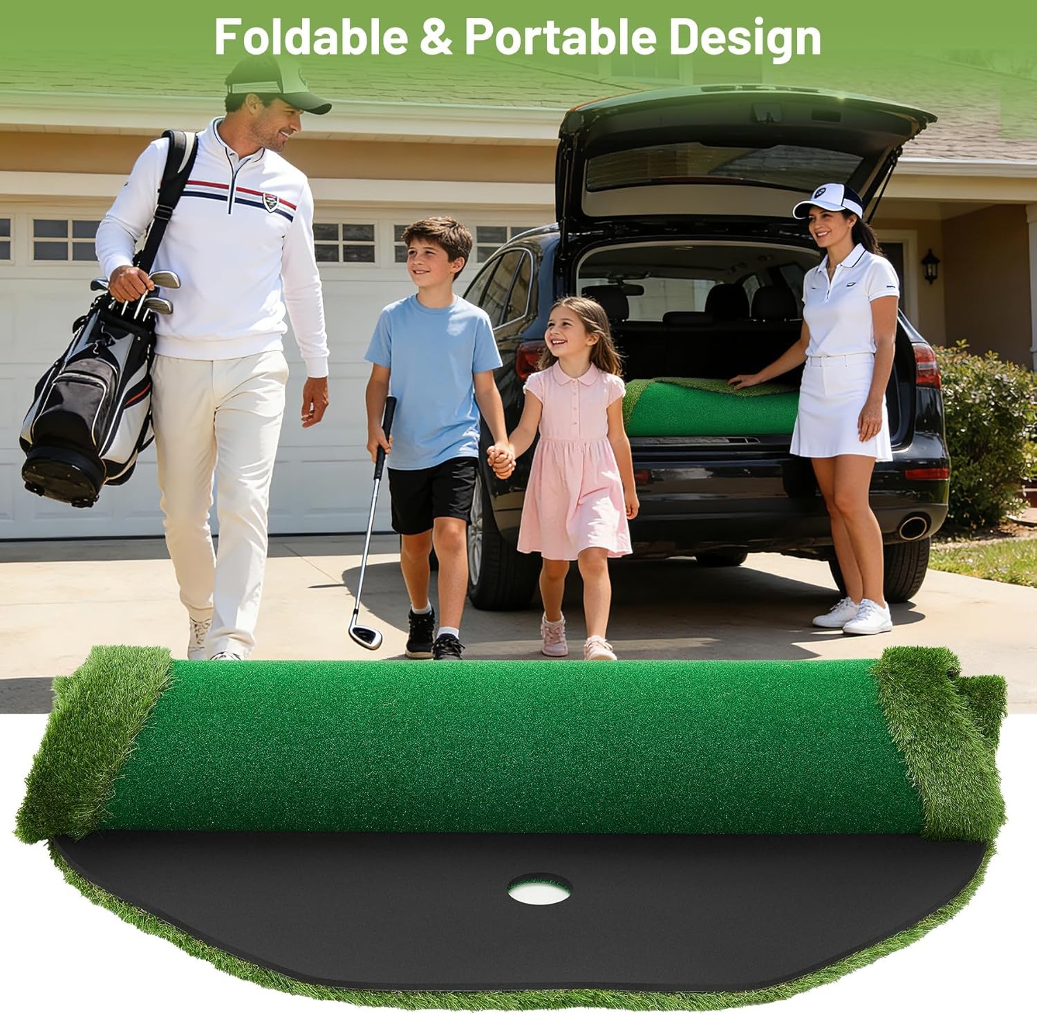 5x10 FT Golf Putting Green Indoor Outdoor, Dual-Turf Mat with 3 Holes & Flags