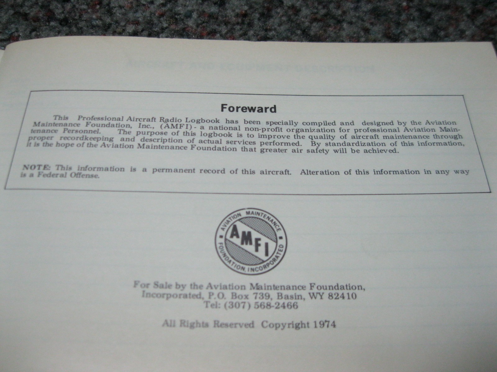 1974 Professional Aircraft Radio Log, Aviation Maintenance Foundation NEW OLD ST