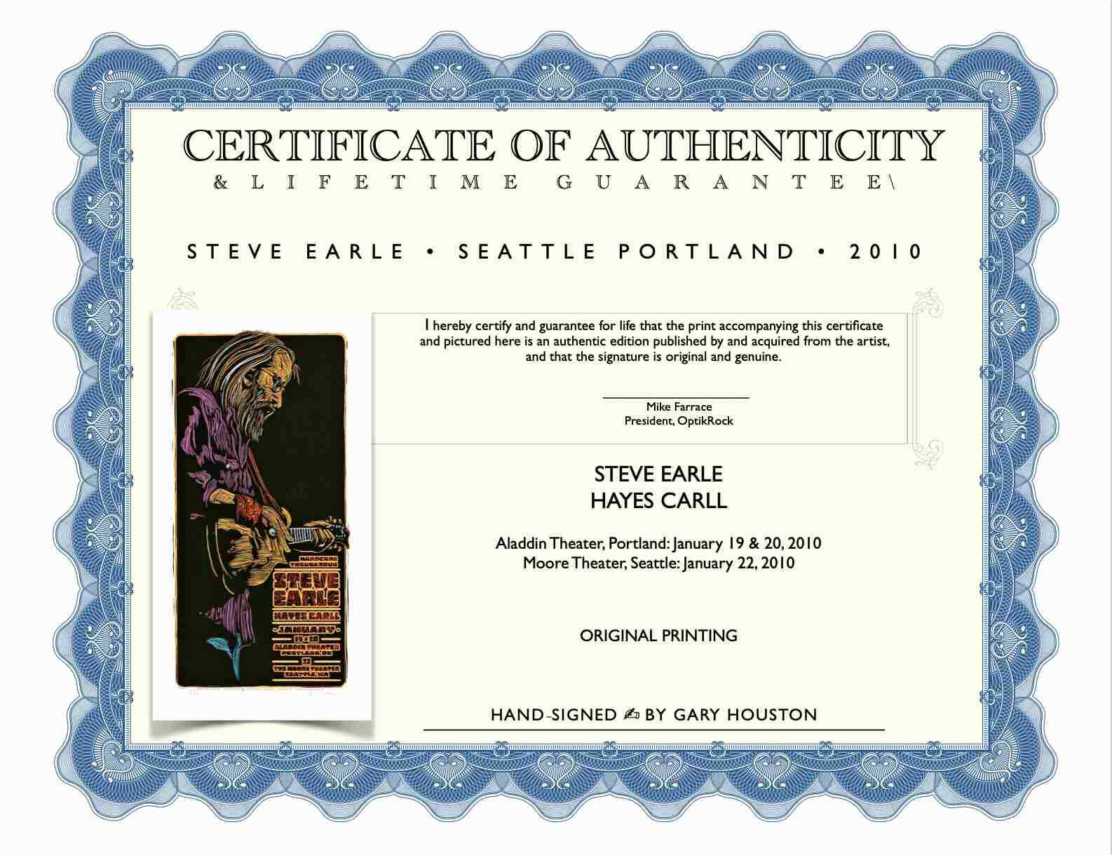 Steve Earle Poster Hayes Carll Aladdin Th Seattle 2010 Signed Gary Houston COA