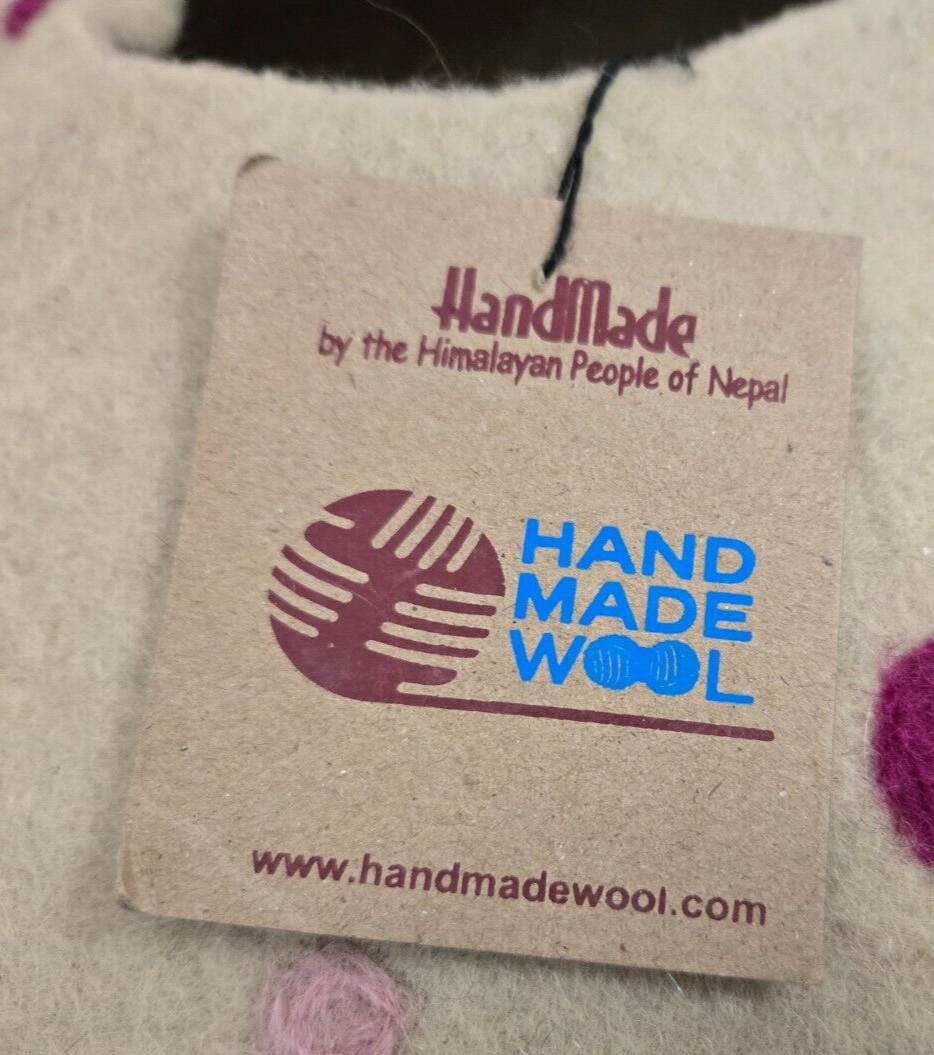 Hand Made in Nepal Felted Wool Cat Cave Light Beige w/ Multicolor Polka Dots