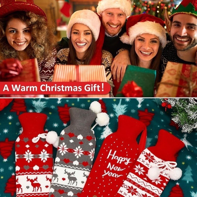 4 Pack Hot Water Bottle w/ Soft Cover, 2 Liter, Long, Natural Rubber, Christmas