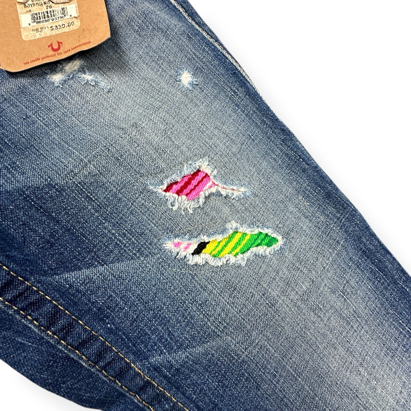 VTG True Religion Size 25 Brianna Baja Boyfriend Button-Fly Serape Patched Jeans