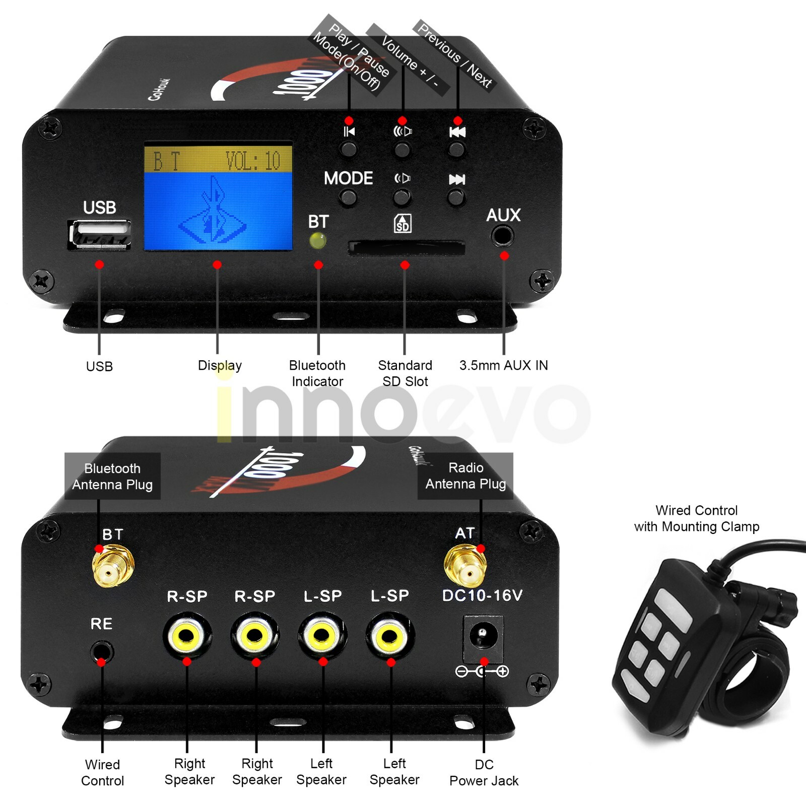 1000W Amp Motorcycle ATV UTV RZR Bluetooth Audio Stereo Radio System Amplifier