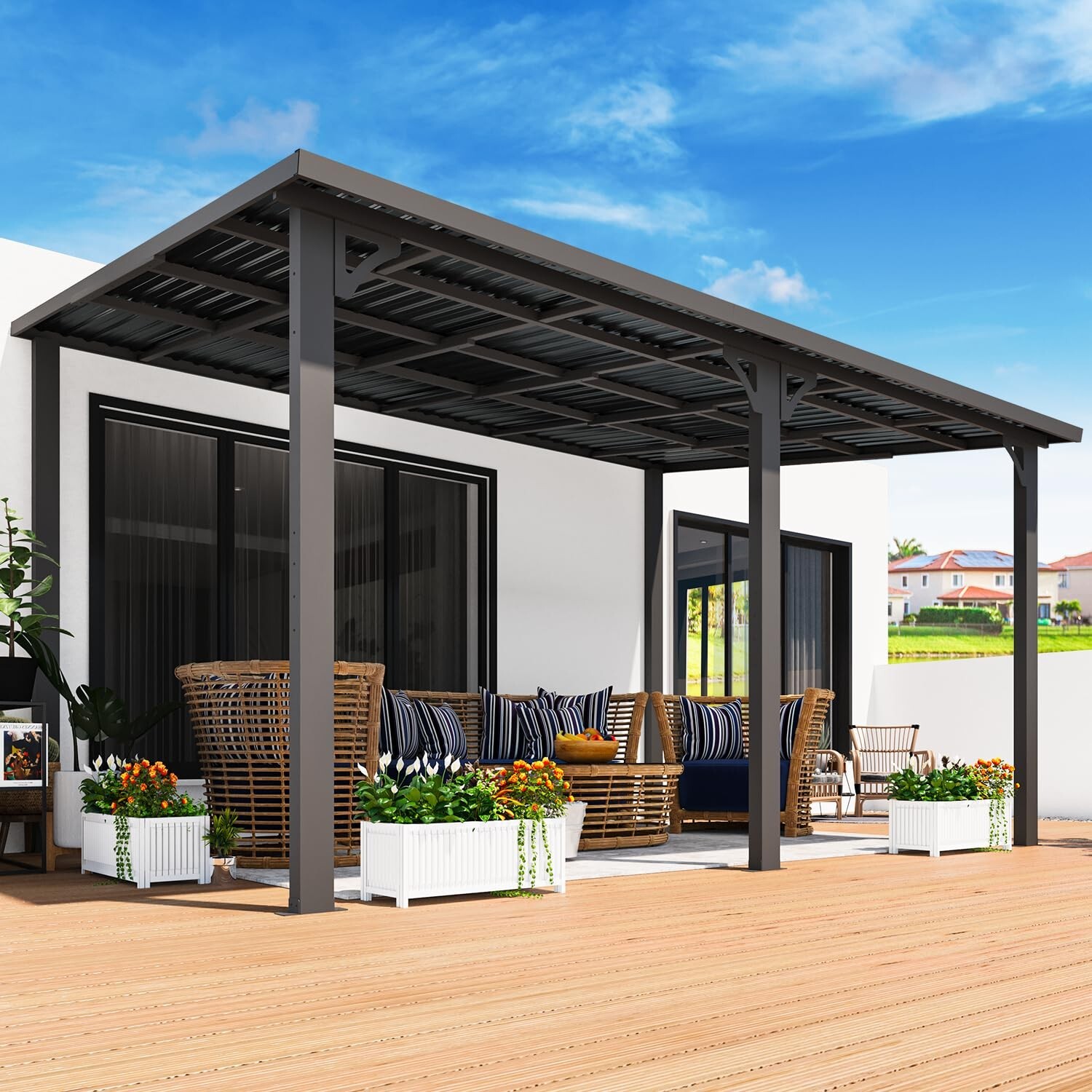 Hardtop Gazebo Outdoor Pergola Lean to Metal Pergola Galvanized Steel Roof Patio