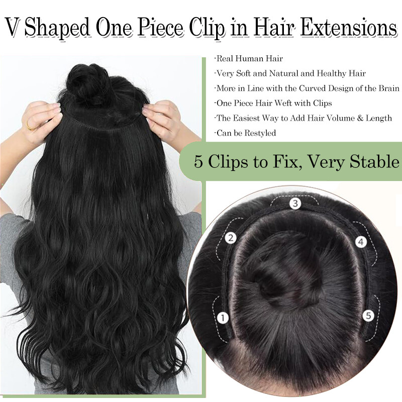 REAL Remy V-shaped Clip In 100% Human Hair Extensions One Piece 3/4 Full Head