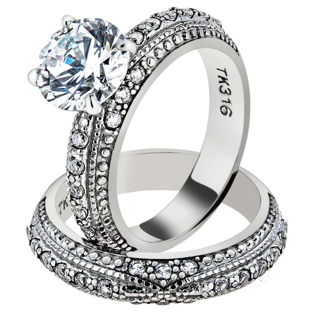 Stainless Steel 3.25 Ct Round Cut CZ Vintage Wedding Ring Set Women's Size 5-10