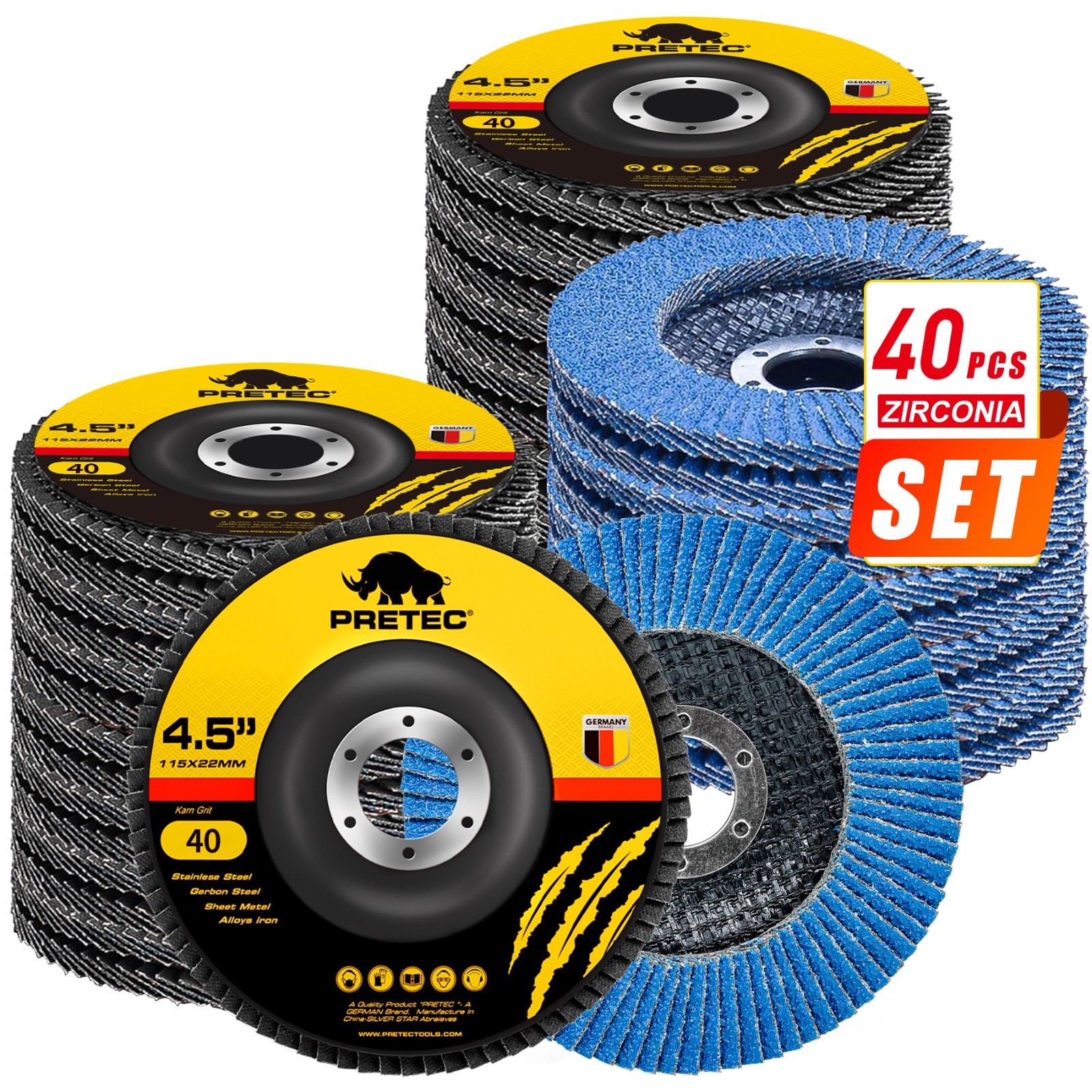 40PACK 4-1/2" Zirconia Flap Disc Set for Angle Grinder, Grinding Wheels 40 Grit