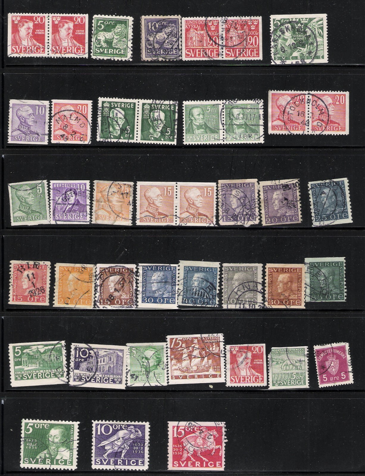 Sweden 1872 - 1939, Scott's #22 - #O53, 89 Stamps, 2 Pages, 4 Views, Cat$75+