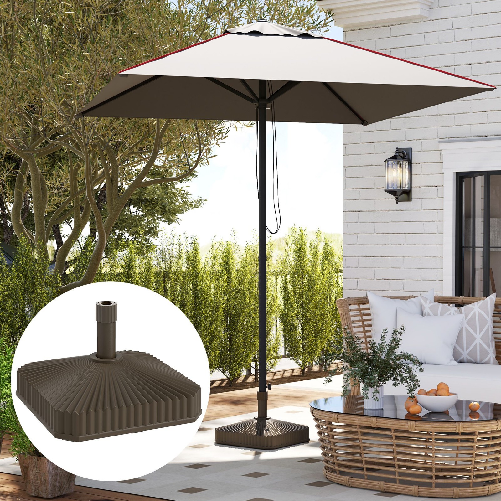 Square Patio Umbrella Base Heavy Duty Outdoor Stand Fillable Brown 42lbs Sand