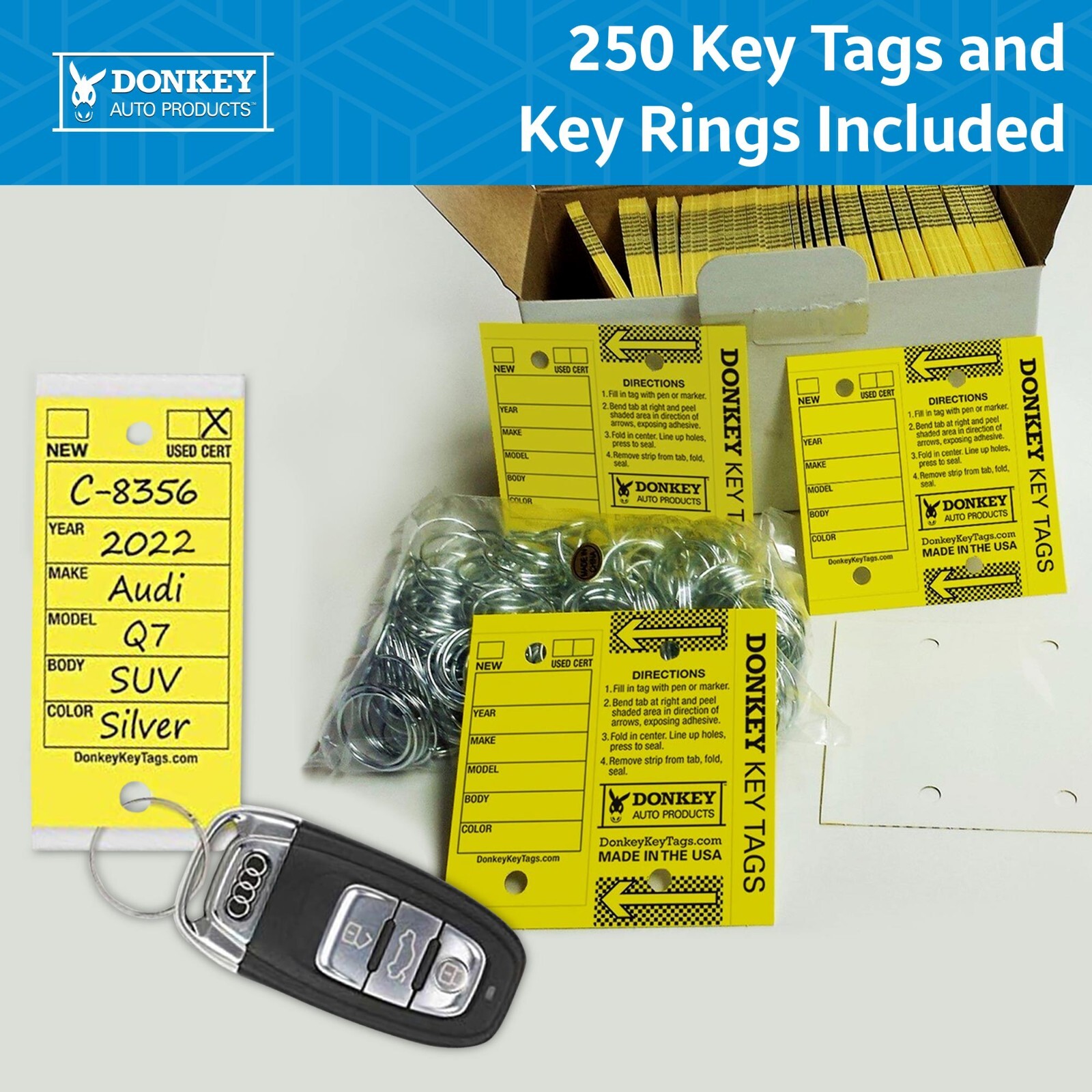 Car Dealer Key Tags (Laminated Self-Protecting) (250 Tags w/ Metal Rings)