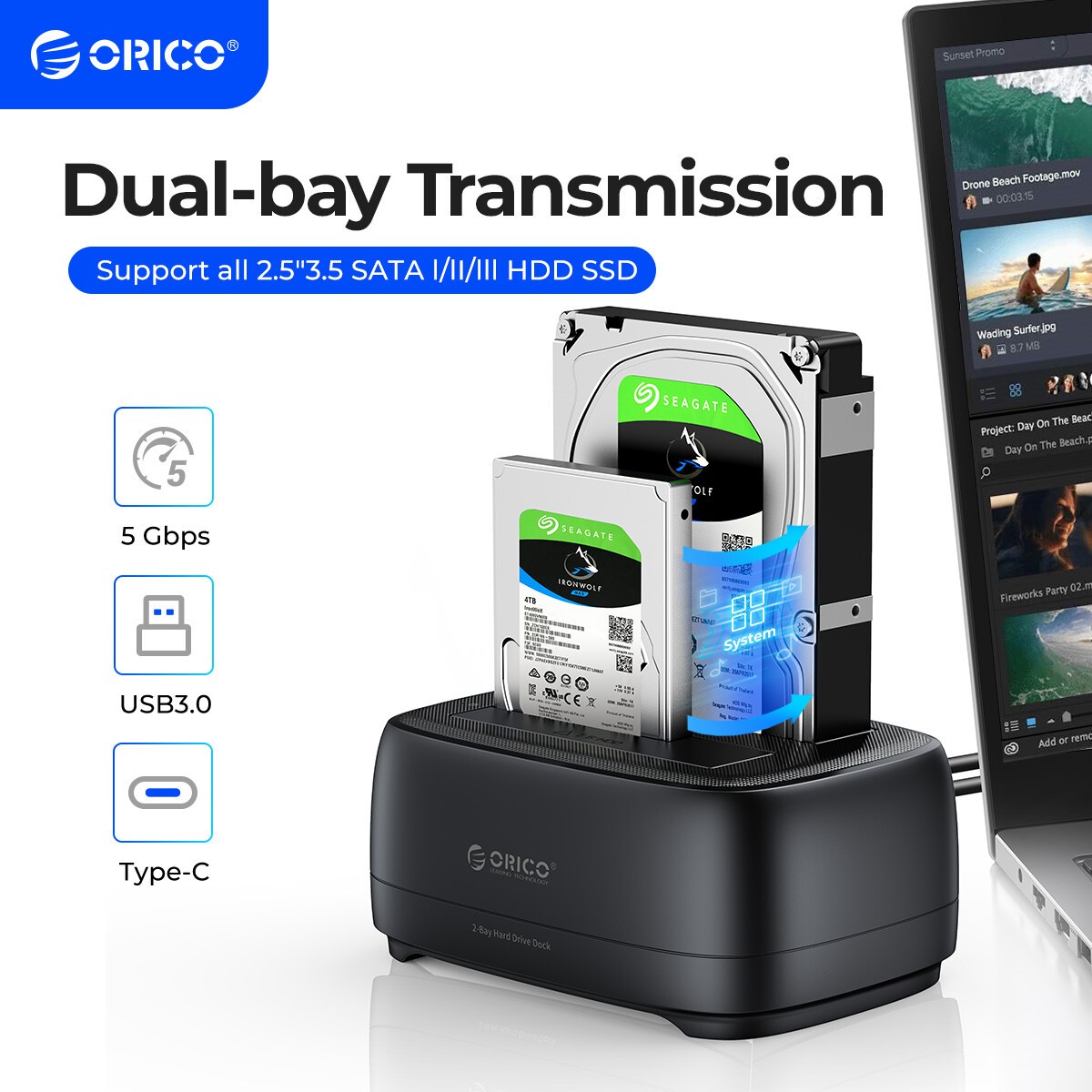 ORICO 2 Bay Hard Drive Docking Station Type C  USB 3.0 for 2.5" 3.5'' HDD SSD