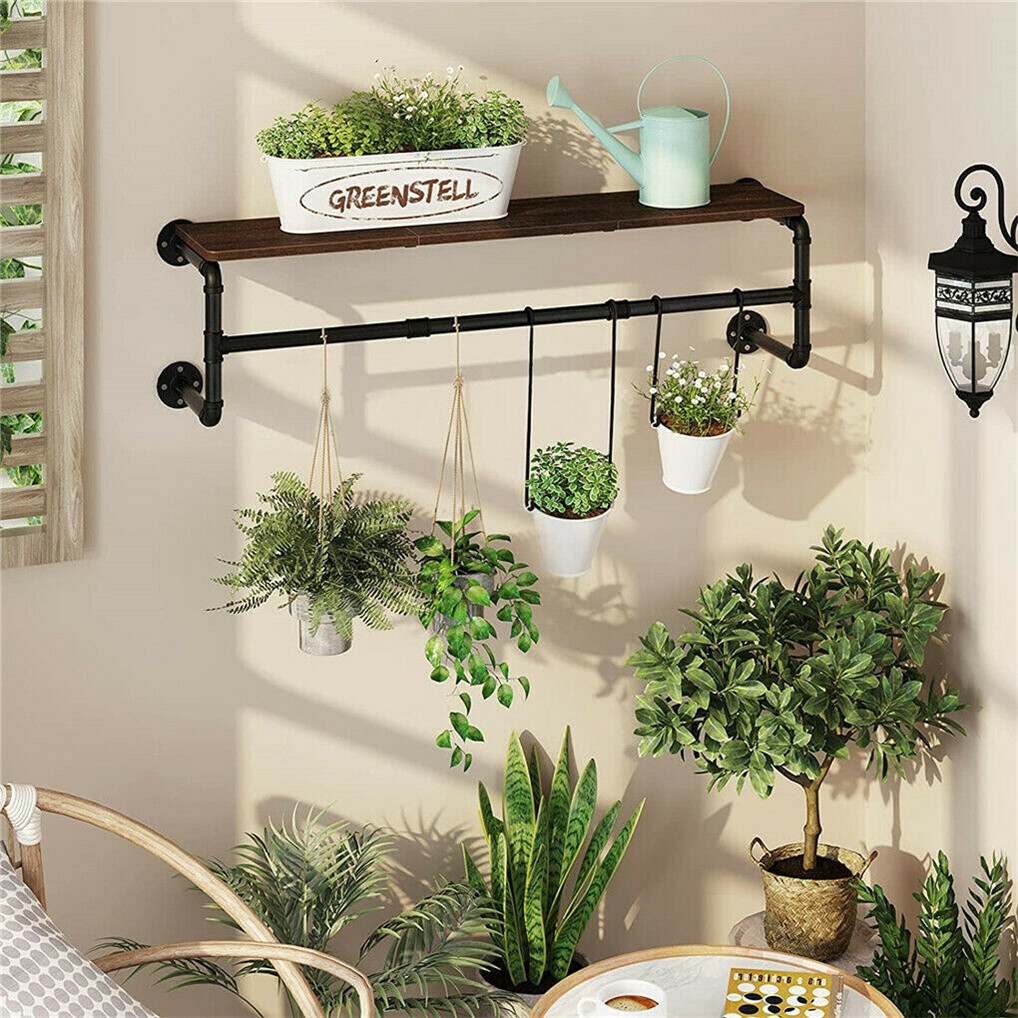 Clothes Rack w/ Top Shelf Industrial Pipe Wall Mounted Garment Rack Hanging Rail