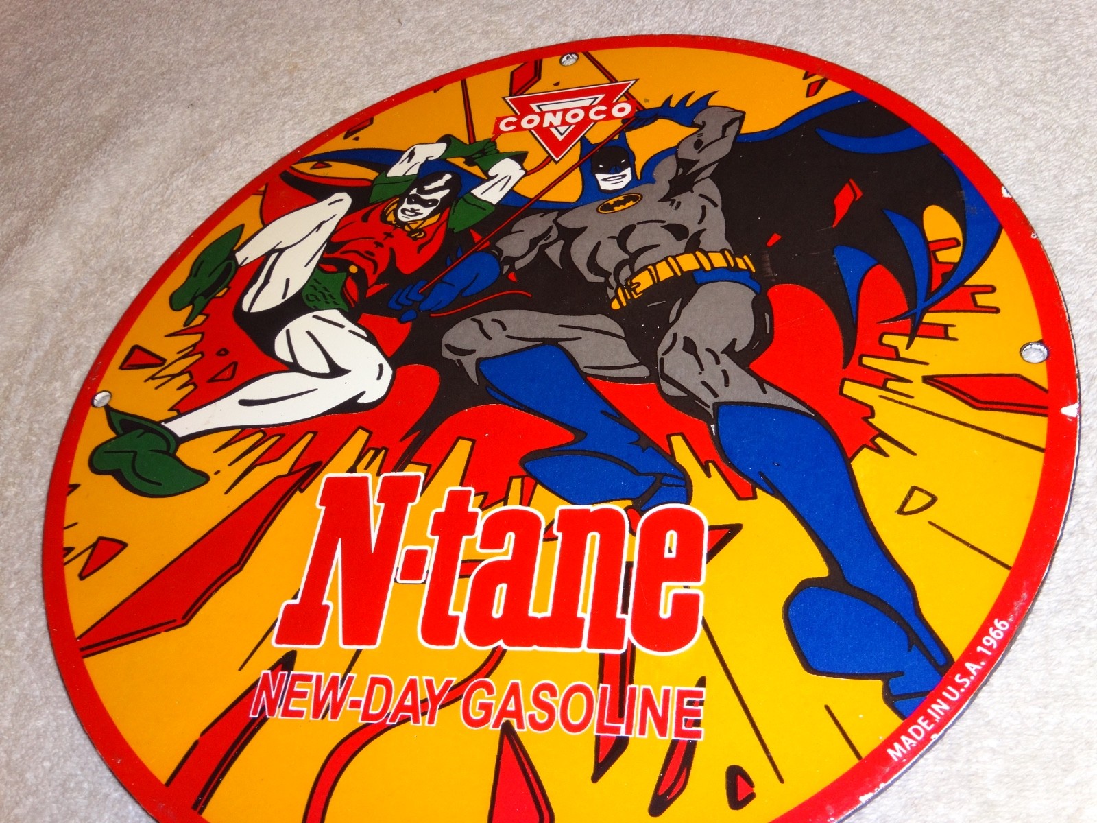 VINTAGE 1966 CONOCO GASOLINE W/ BATMAN & ROBIN 11 3/4" PORCELAIN METAL OIL SIGN!