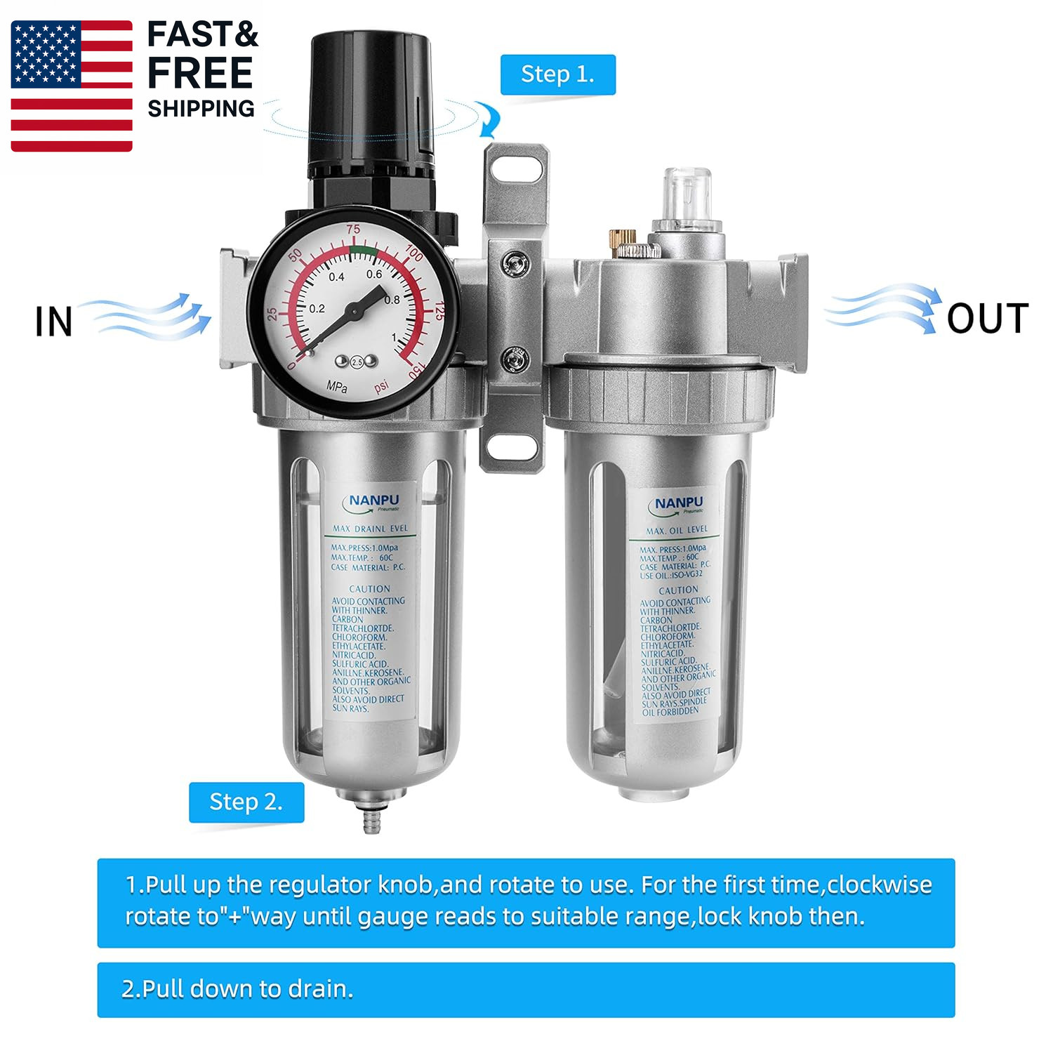 1/2" NPT Air Filter Pressure Regulator Lubricator Dryer Gauge Kit Water/Oil Trap