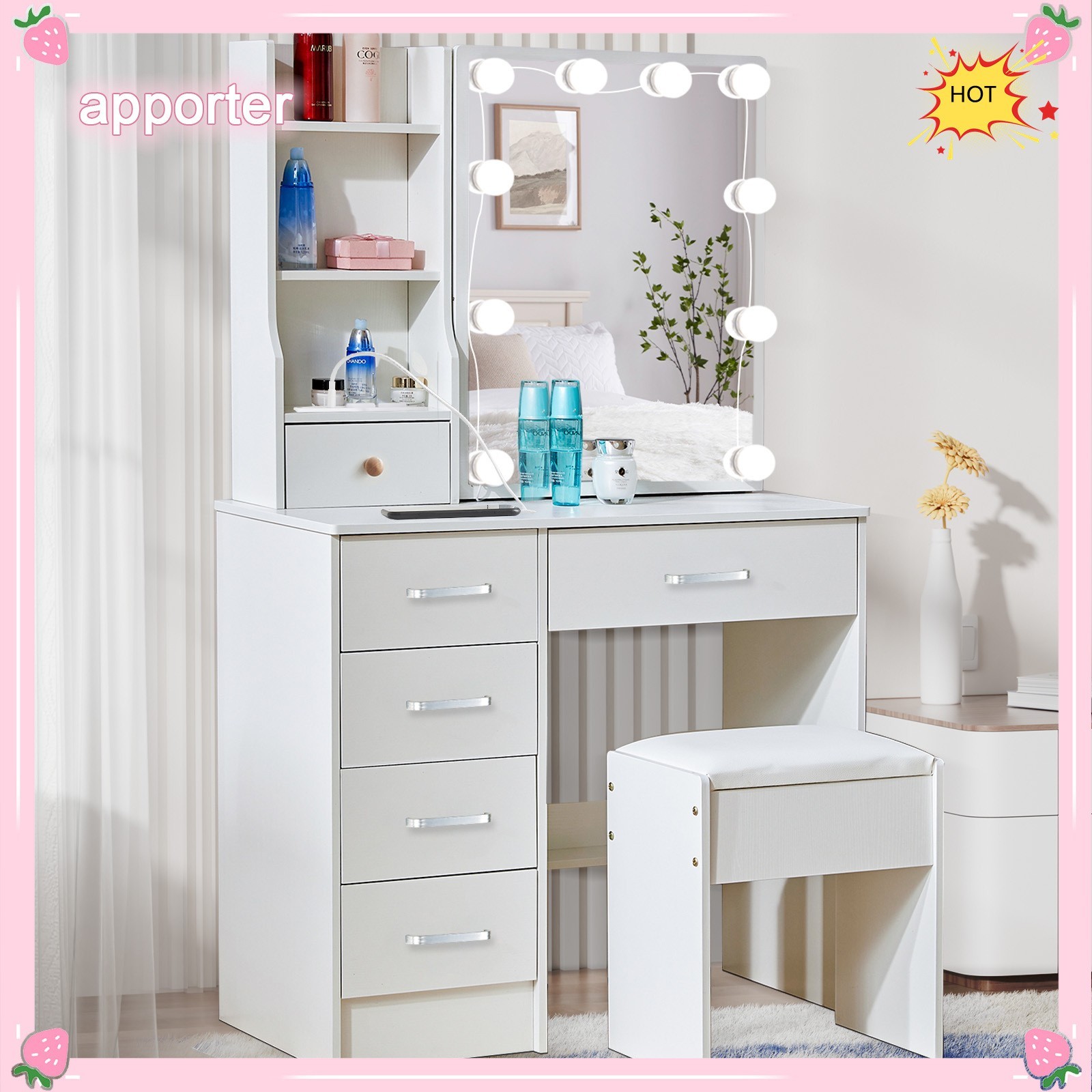 10 LED Bulbs Mirror Vanity Dressing Desk Makeup Dresser Table With USB Port