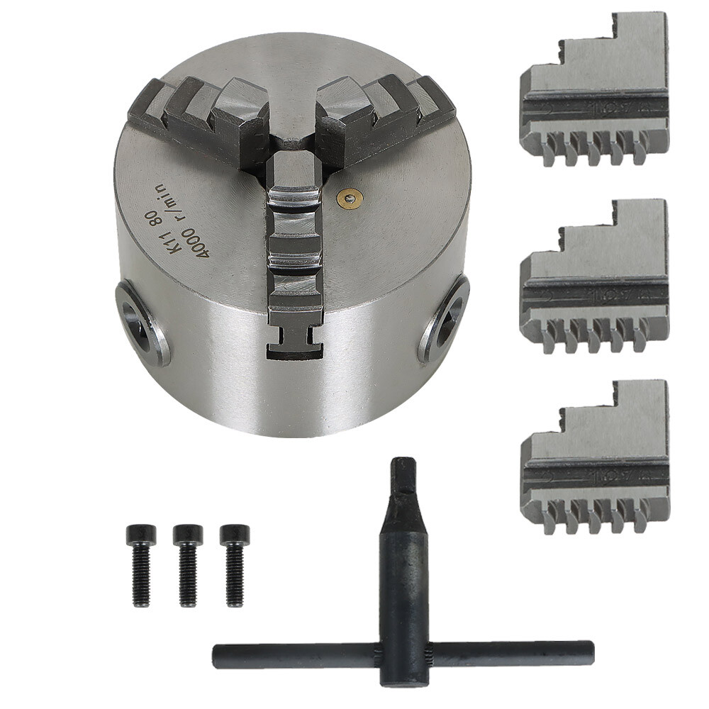Lathe Chuck K11-80 3" 3-Jaw Self-Centering Design 80mm Steel Grinding Jaw