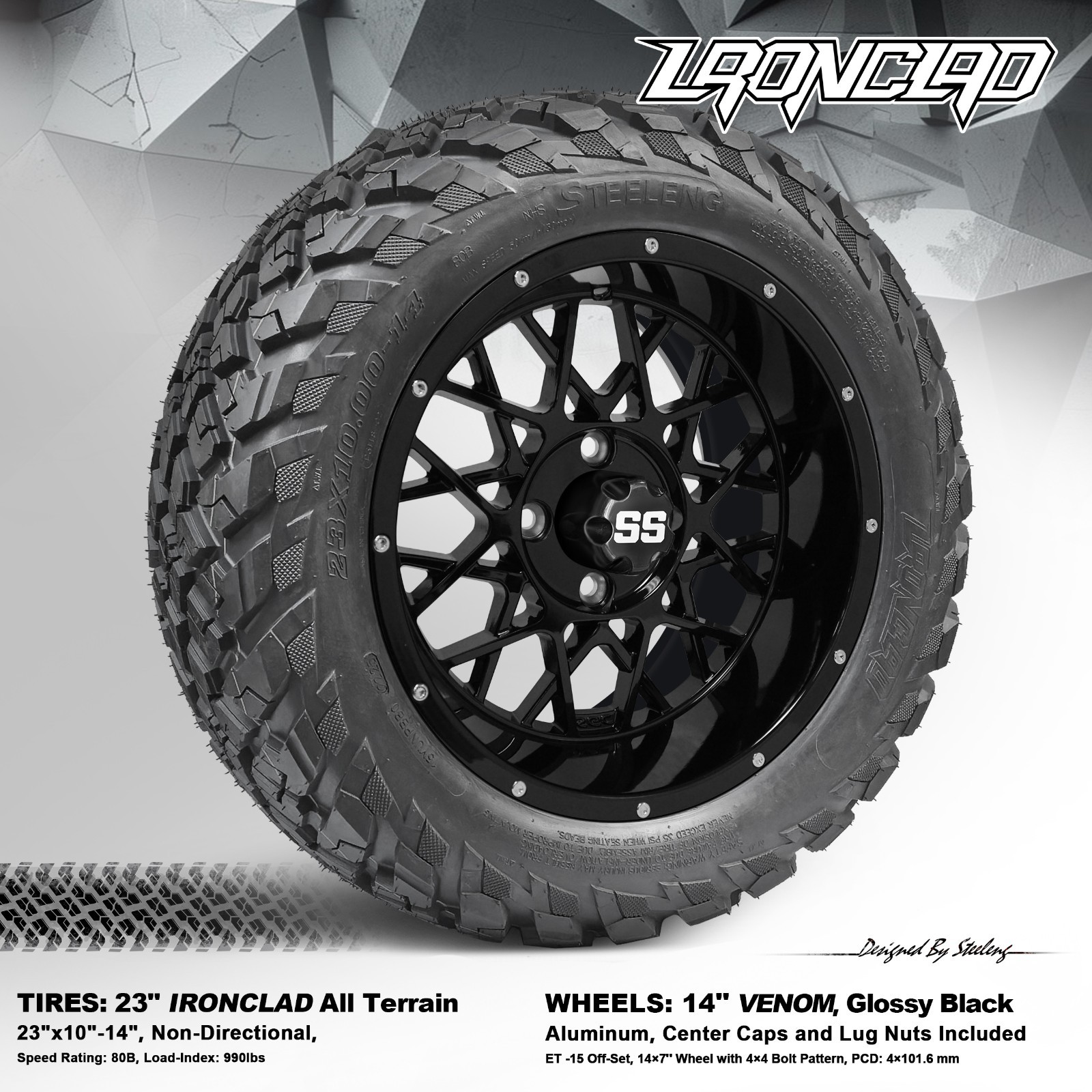 4x GOLF CART 14"x7" BLACK VENOM WHEELS and 23"x10"-14" IRONCLAD A/T TIRES