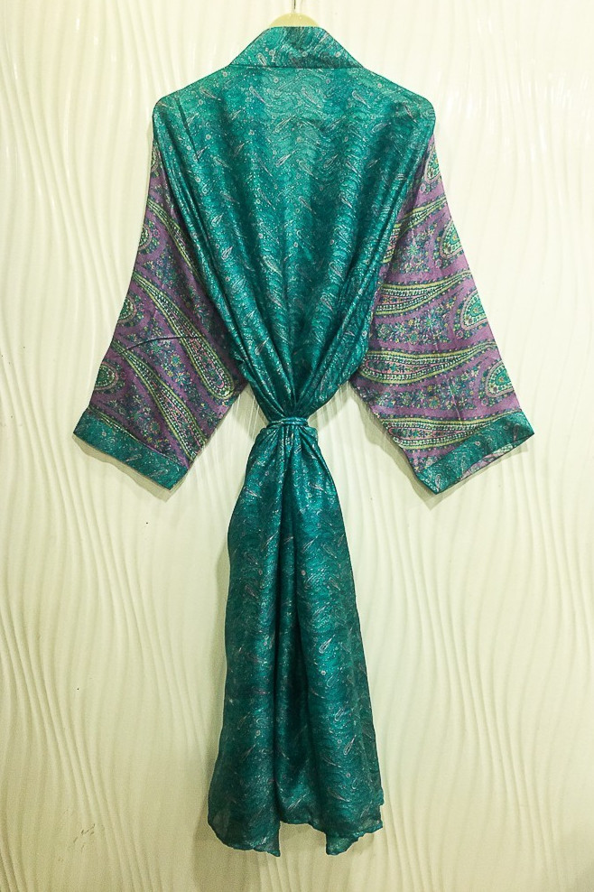 Pure Silk Blue/Green kimono Long Robe Gown Woman Silk Robe Kimono KMO5575