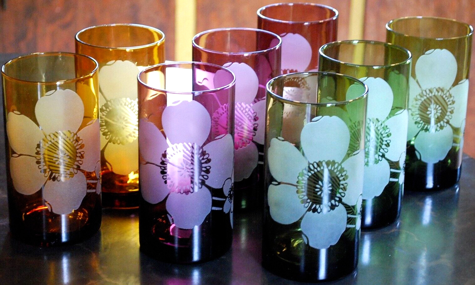 Vtg Set 8 PIER 1 Tumbler Glasses ETCHED FLOWER Hand Blown 6" Multicolor 20 Ounce