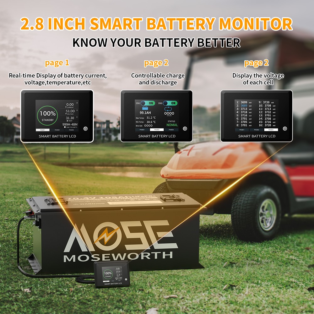 72V 105Ah Golf Cart LiFePO4 Lithium Battery 200A BMS LCD Monitor+18A Charger