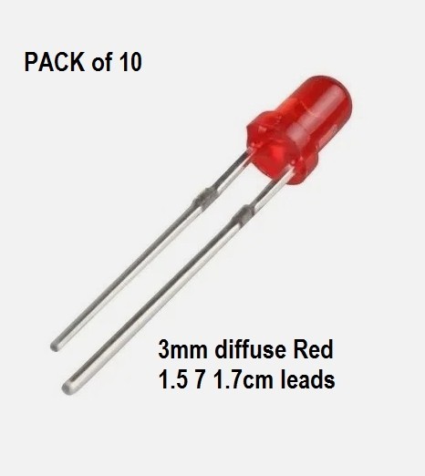 3mm LEDs  Red Diffused, Round Top : Pack of 10 with  Free shipping