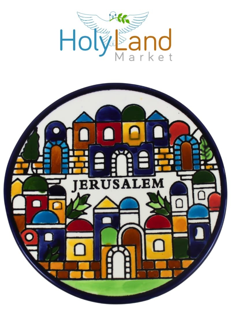 Holy Land Market Jerusalem View Ceramic Kiddush Cup Set with Matching Plate,