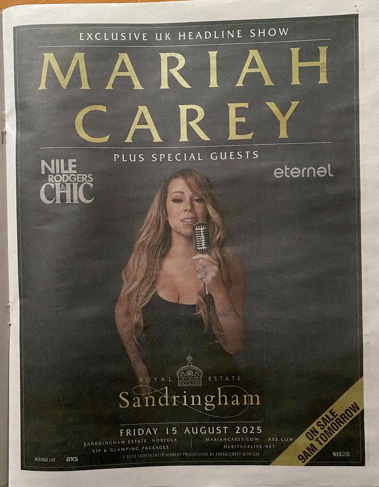 Mariah Carey 2025 Tour Date Ad Sandringham UK Exclusive News Advert Poster 14x11