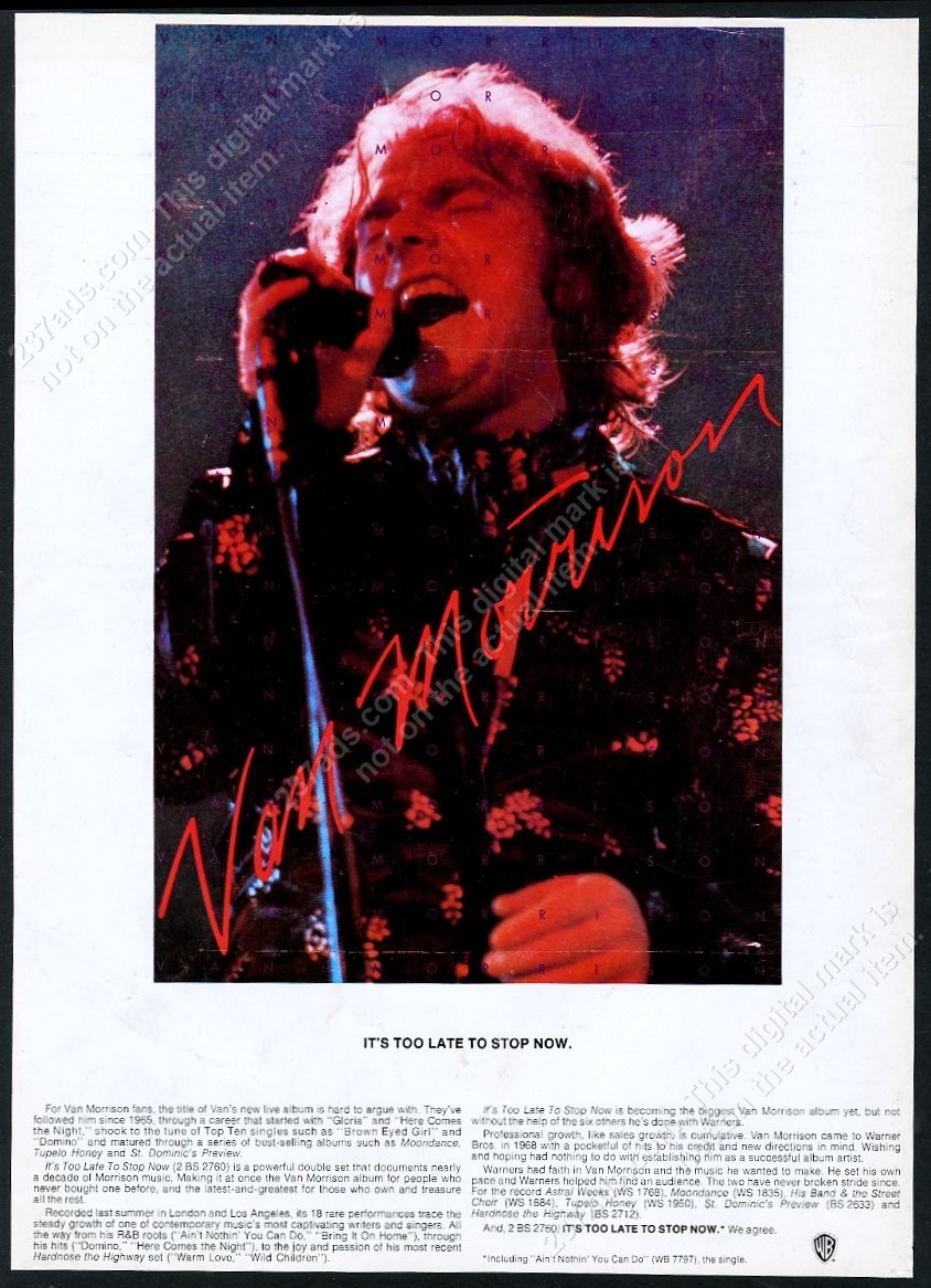 1974 Van Morrison photo Its Too Late To Stop Now vintage trade print ad