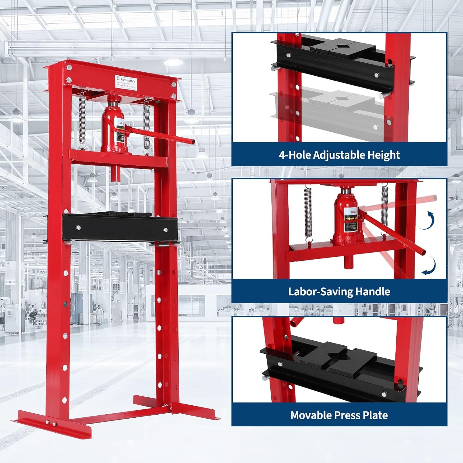 20 Ton Hydraulic Shop Press H-Frame Adjustable Height Movable Plates for Garage