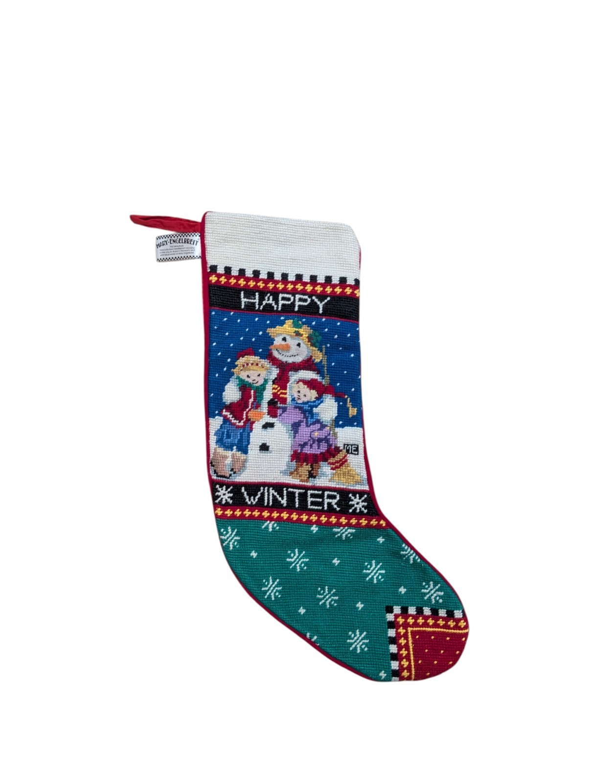 Vintage Mary Engelbreit Needlepoint Christmas Stocking 18” Happy Winter