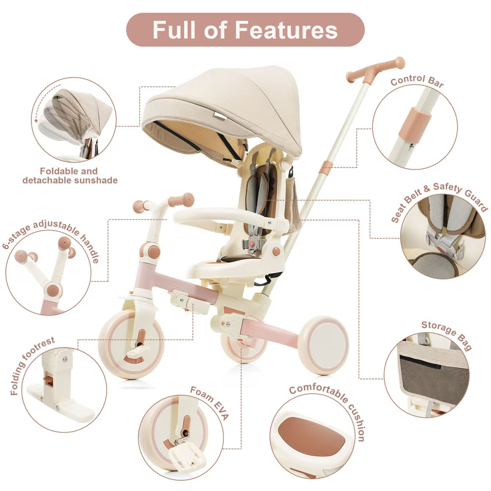 7-in-1 Foldable Toddler Tricycle with Adjustable Parent Handle, Removable Pedal,