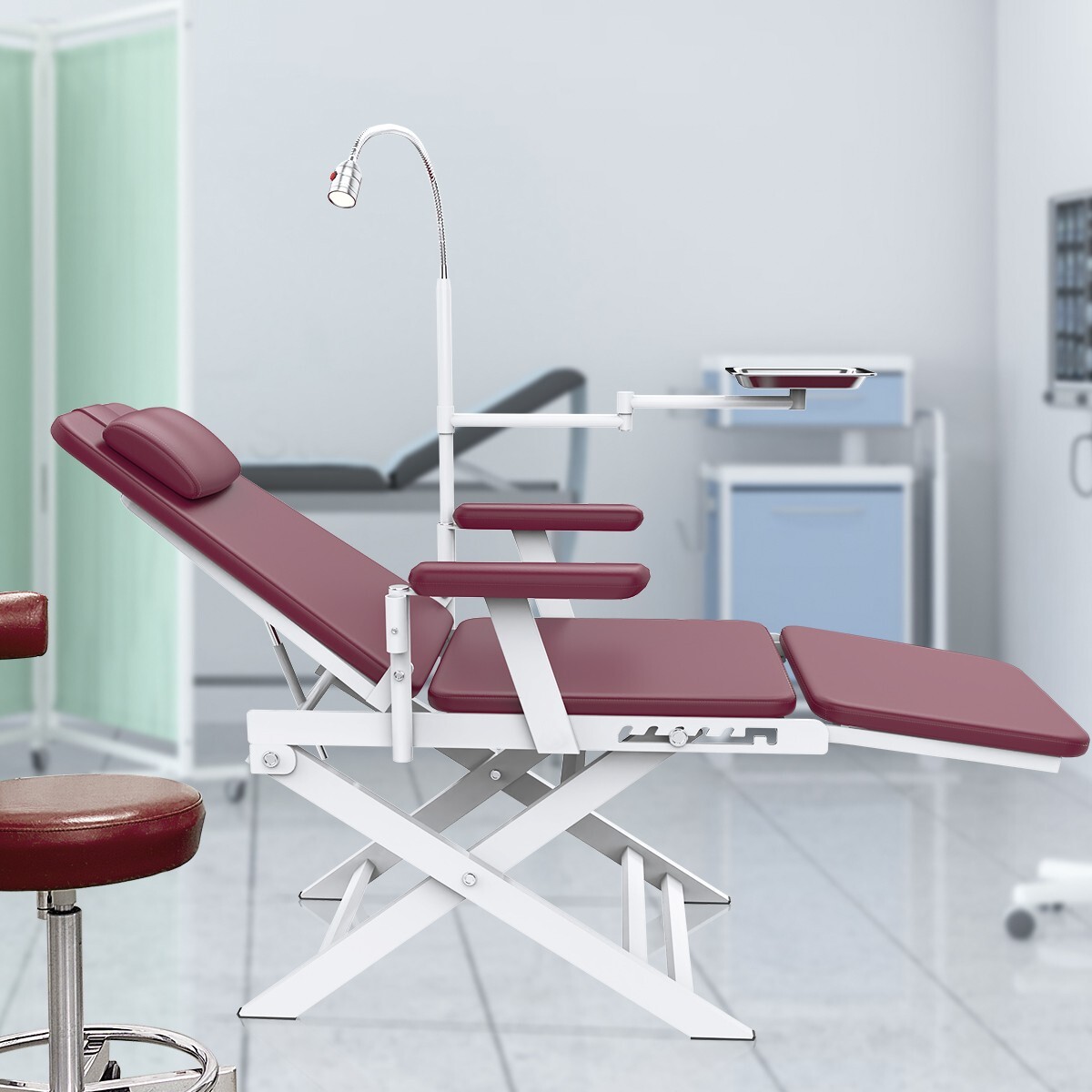 Portable Dental Mobile Folding Chair PU Leather with LED Light & Tray Wine Red