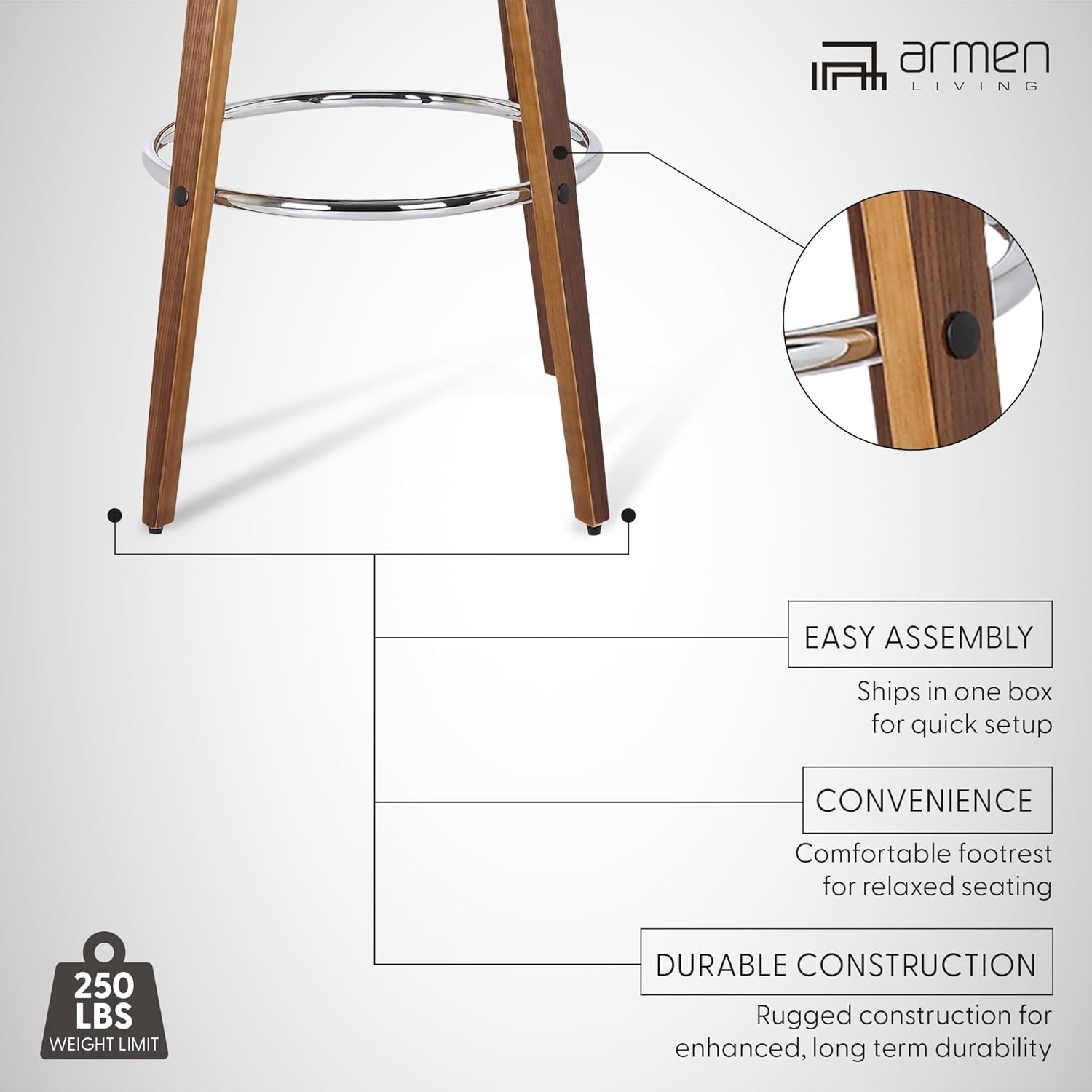 Armen Living Sonia 30" Bar Stool Swivel Gray Faux Leather and Walnut