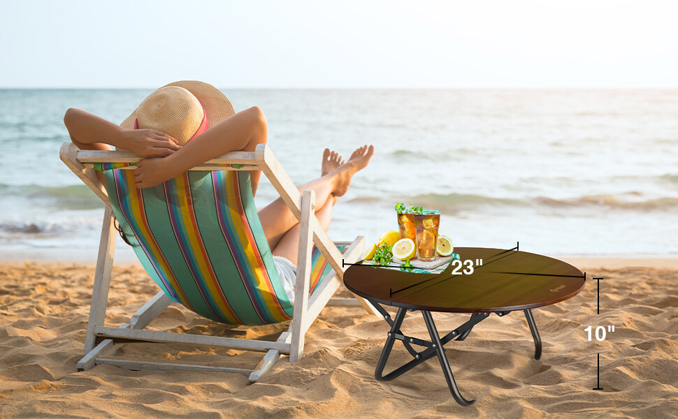 VILLEY Bamboo Round Folding Table with Carrying Bag Half-fold Portable Aluminum