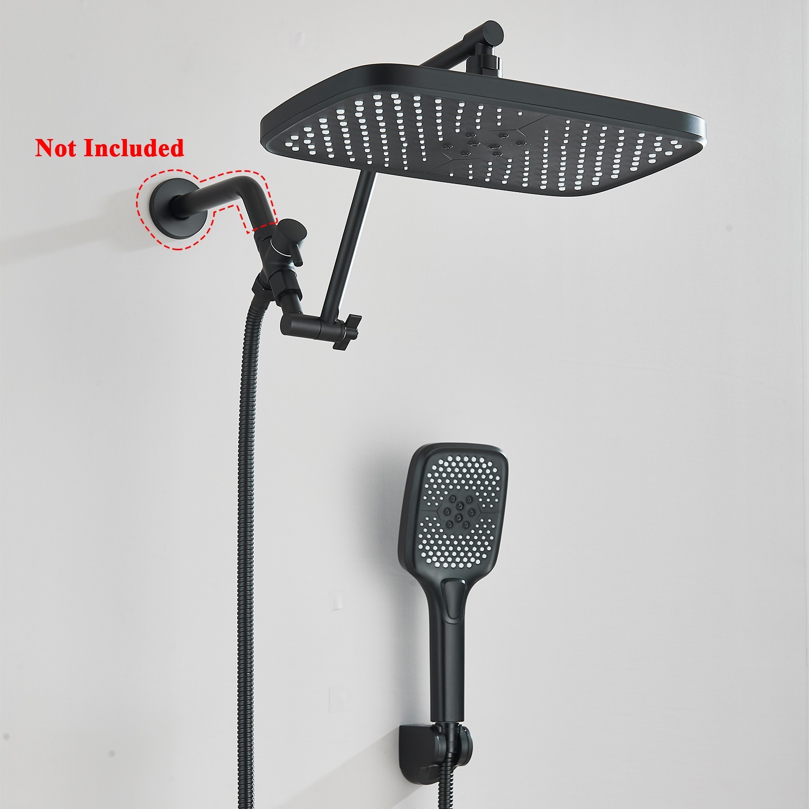 Black Rain Shower Head with Handheld Spray Set High Pressure 16" Adjustable Arm