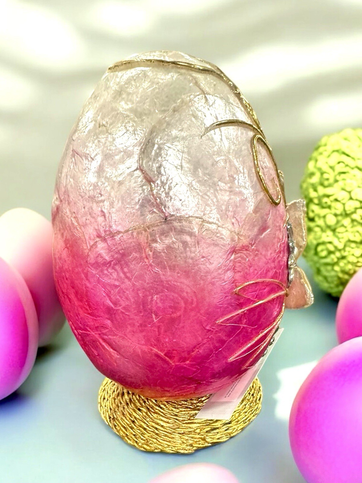 Capiz Easter Egg Figurine 10” Hot Pink Ombré Flowers Jeweled Butterfly Gold NWT