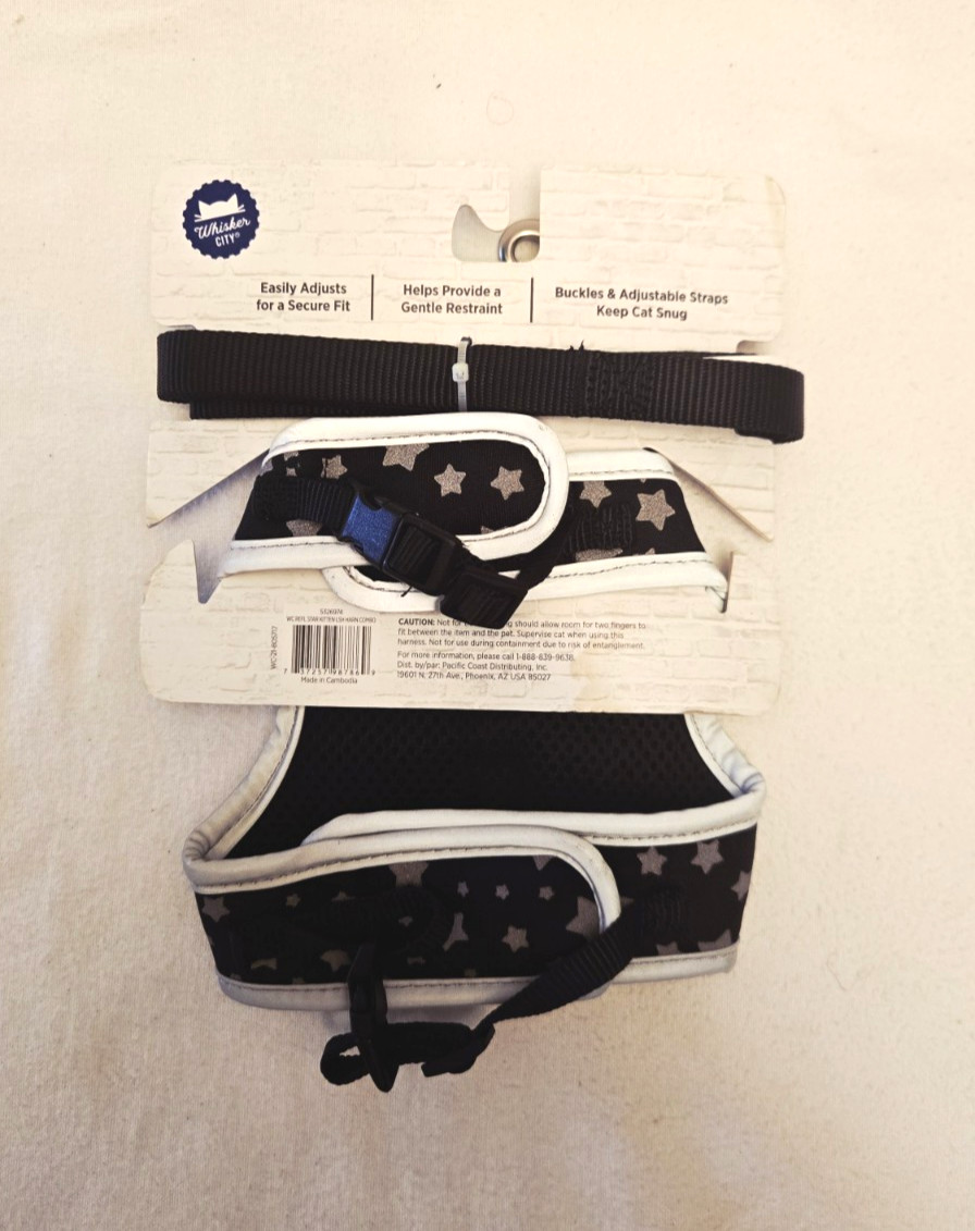 Whisker City Kitten Cat Comfort Harness W/Leash - Black W/Silver Stars. * NEW *