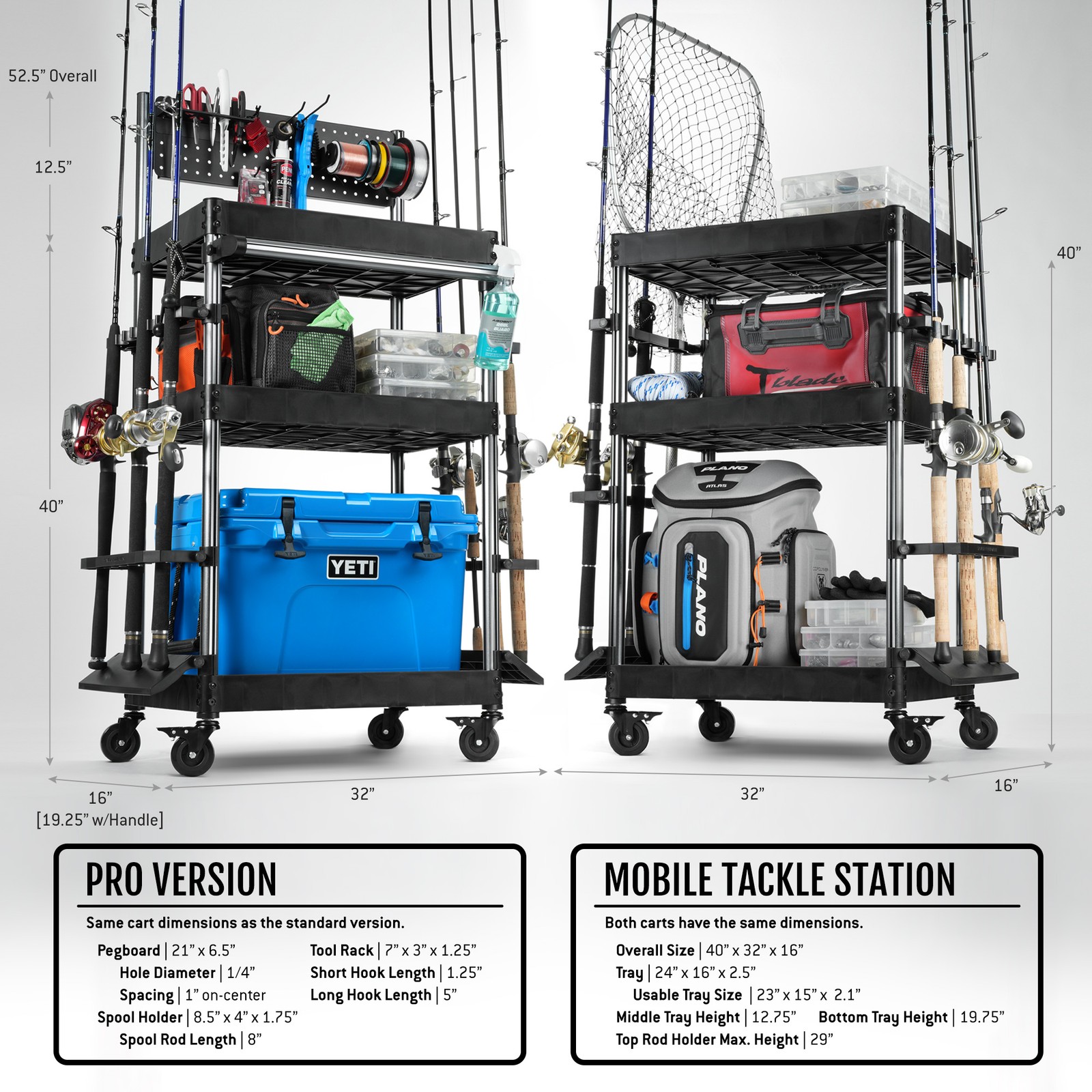 Mobile Tackle Station 16 x Fishing Rod Pole Gear Holder Extra Storage Rack Cart