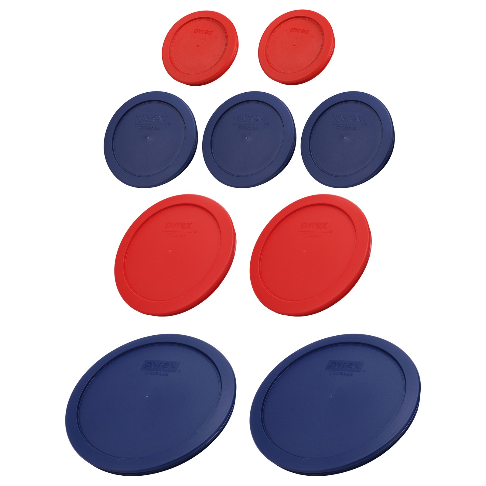 Pyrex Storage Lid Set: (2) 7202-PC 1 Cup Poppy Red, (3) 7200-PC 2 Cup Blue, (2)