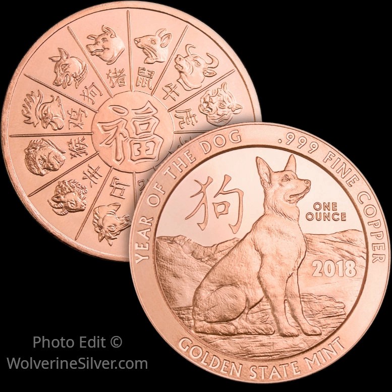 1 Oz. Solid .999 Fine Copper Round - Year of the Dog 2018 - Golden State Mint