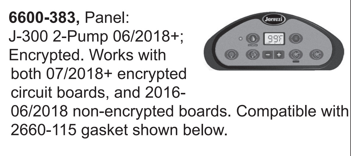 Jacuzzi Top Side Control Panel J-300 2-Pump 6600-383