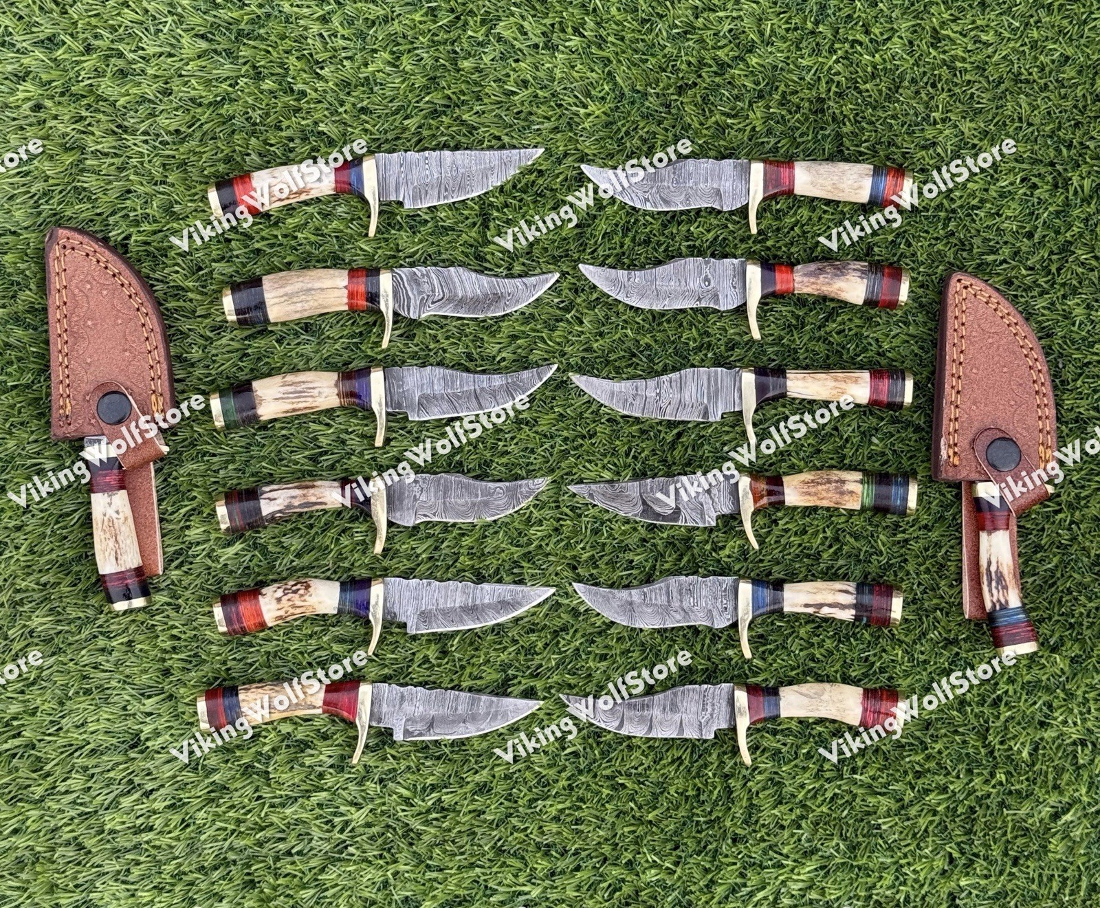 LOT OF 20PCS, 6'' INCH SKINNER KNIFE STAG HORN HANDLE HANDMADE DAMASCUS W/SHEATH