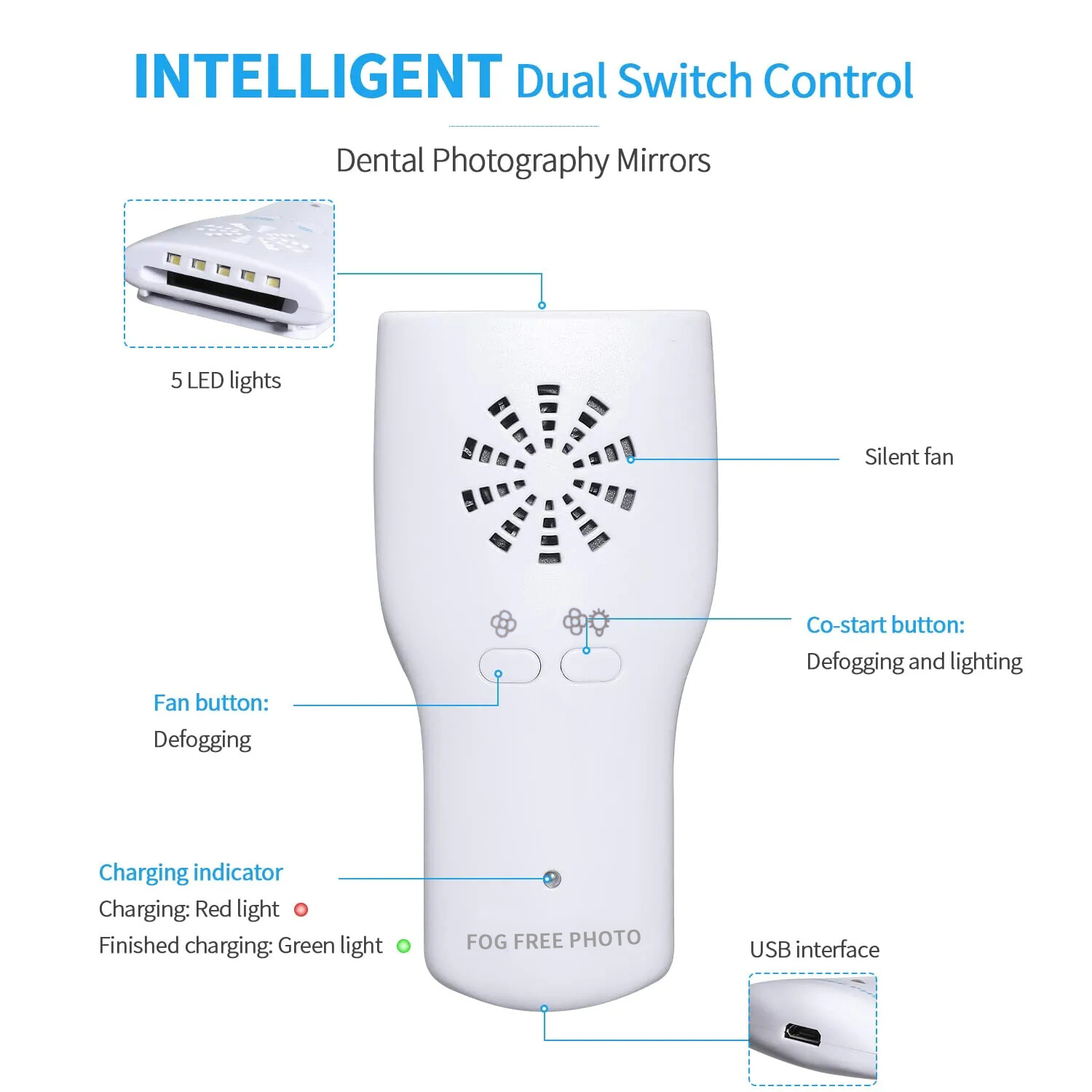Dental Occlusal Mirror Fog Free LED Light Intra Oral Photo 4 Mirror Obervation